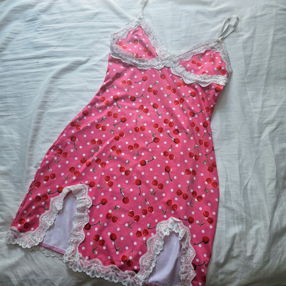 Cherry Print Pink Lace Trim Nightgown